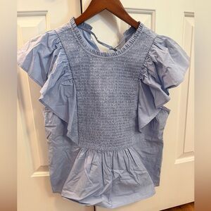 Melissa Nepton Zella Blue Ruffle Smocked Top Size Large